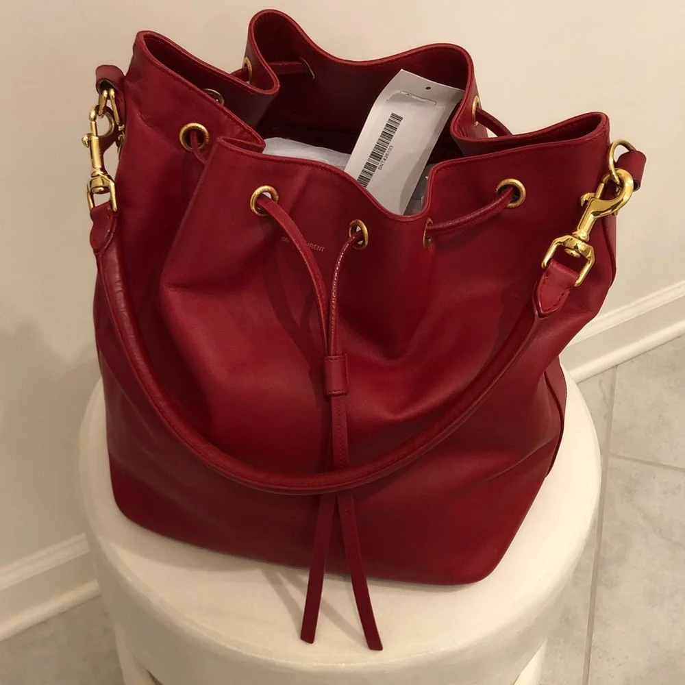 Saint Laurent Red Leather Drawstring Hobo with Gold-Tone Hardware